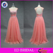 Elegant Round Neck Sleeve Sleeve Beaded Crystal Long Tulle Long Peach Prom Dress